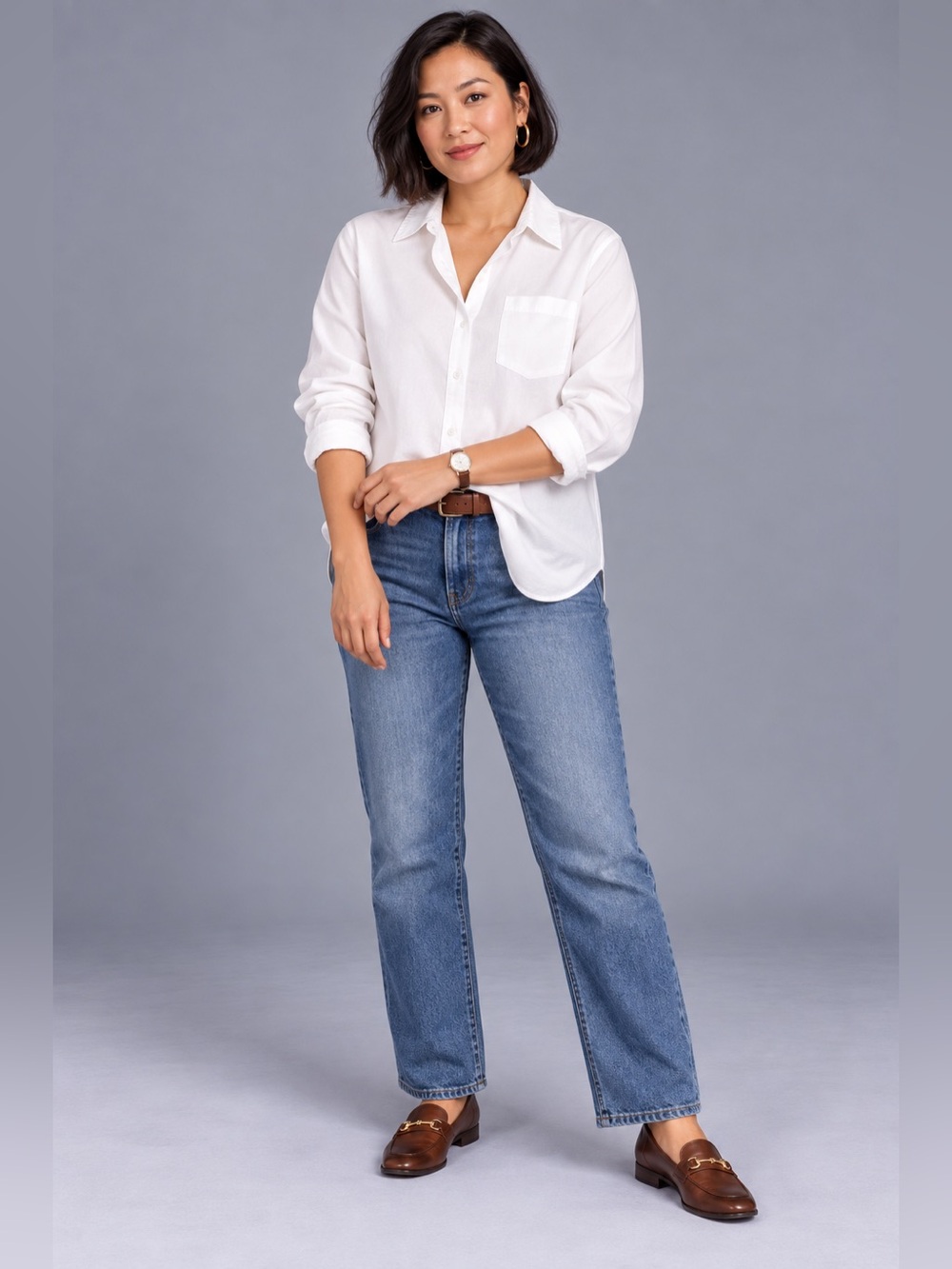 White Button Down Shirt Large Relaxed Classic Long Sleeve